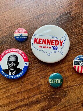 Vintage Political Button Lot Kennedy Stevenson Roosevelt Mid Century Pins